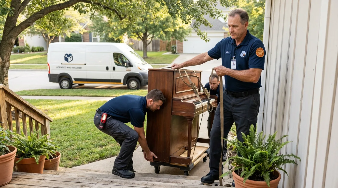 Licensed piano movers securing grand piano in Daly City, CA